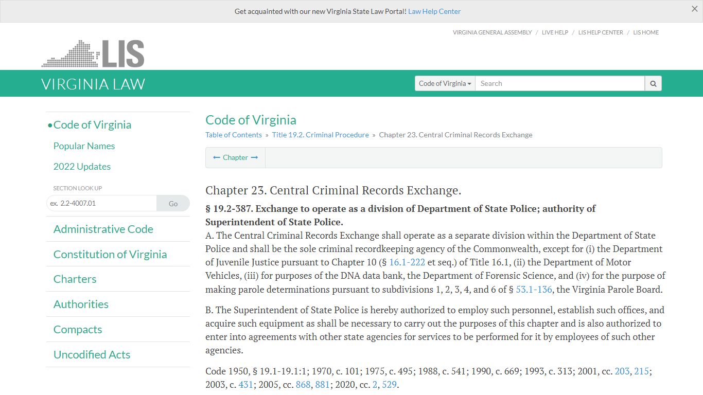 Chapter 23. Central Criminal Records Exchange - Virginia